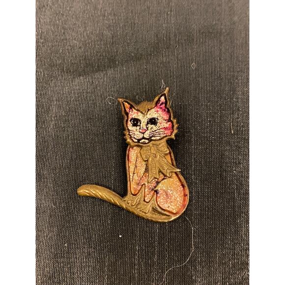 VTG Cat Booch Pin Badge w Moving Head Gold tone aluminum Glitter1.75 in. EUC - Picture 2 of 16
